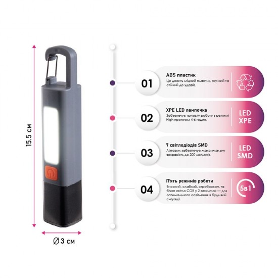Ліхтарик акумуляторний 2в1 TheGeneral Orion з боковим COB light та карабіном чорний/сірий - 100020219-07 Ліхтарик акумуляторний 2в1 TheGeneral Orion з боковим COB light та карабіном чорний/сірий - 100020219-07