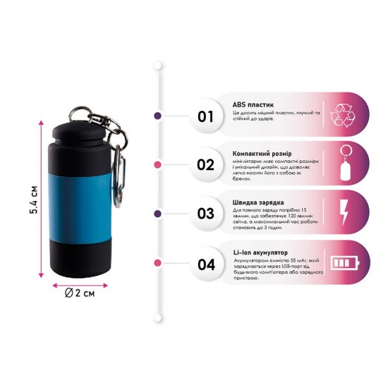 Ліхтарик-брелок акумуляторний TheGeneral Fornax з карабіном чорний/синій - 100020622-03