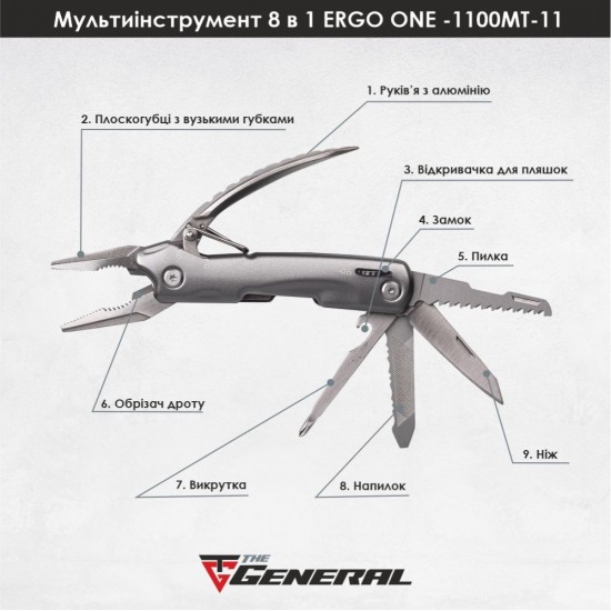 Мультитул 8в1 TheGeneral Ergo One, 145 мм, в чохлі графітовий - 1100MT-11