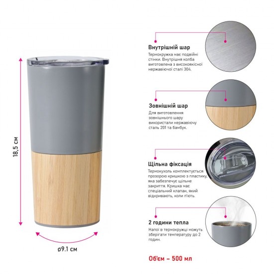 Термокружка 500 мл сталева Line Art Mao, вакуумна малахітовий/бамбуковий - 20201-99