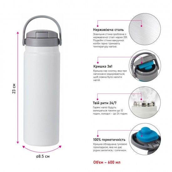 Термокружка 600 мл сталева Line Art Goa, вакуумна білий/cірий - 20204-07