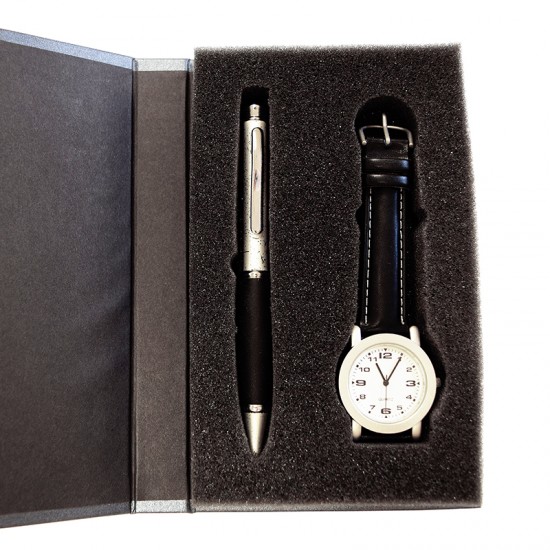 Набір годинник + ручка в подарунковій упаковці сріблястий/чорний - 2438.03