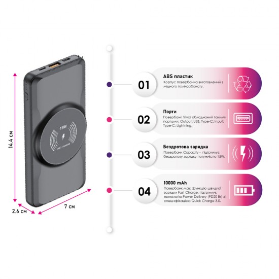 Повербанк 10000 mAh TheGeneral Сapacity, бездротова зарядка 15W, світлодіодний індикатор чорний - 40010119-01