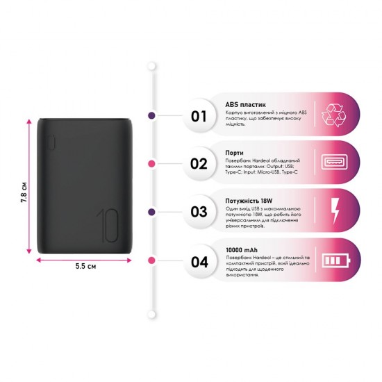 Повербанк 10000 mAh TheGeneral Hardeol, світлодіодний індикатор чорний - 40012419-01