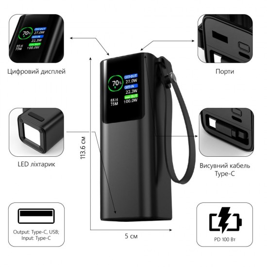 Повербанк 20000 mAh TheGeneral Ready, цифровий індикатор чорний - 40013222-01