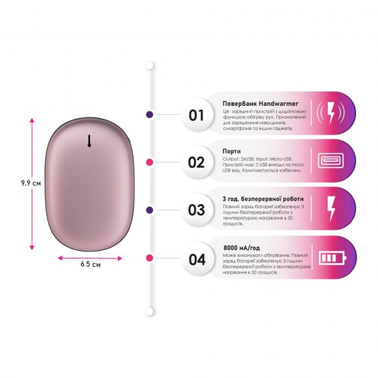 Повербанк 8000 mAh Line Art Handwarmer, з функцією обігріву рук рожевий - 8000W-12