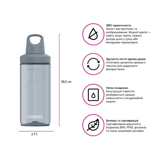 Пляшка для води 500 мл тританова Kambukka Reno сірий - 11-05024