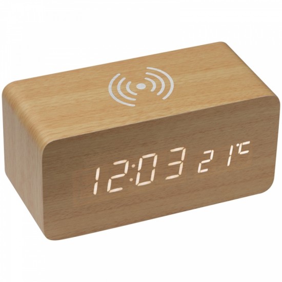 Годинник настільний дерев'яний з індуктивним зарядним пристроєм бежевий - 3151513