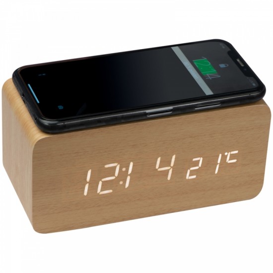 Годинник настільний дерев'яний з індуктивним зарядним пристроєм бежевий - 3151513