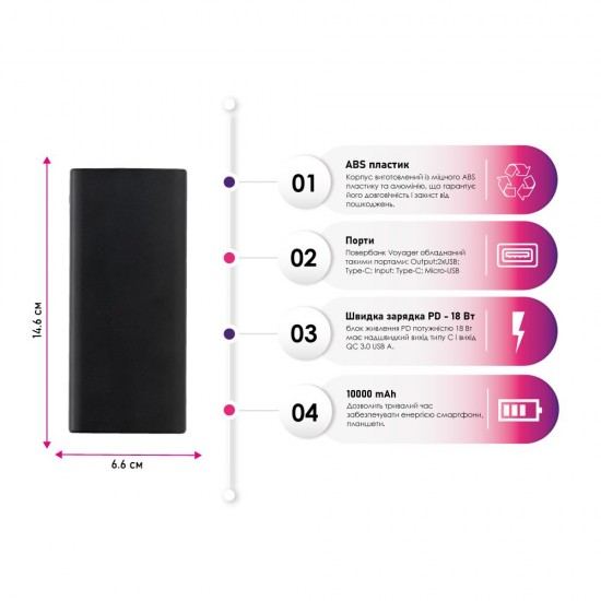Повербанк 10000 mAh Voyager, цифровий індикатор чорний - P322.241