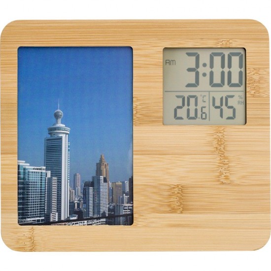 Годинник-метеостанція бамбуковий з фоторамкою коричневий - V0039-16