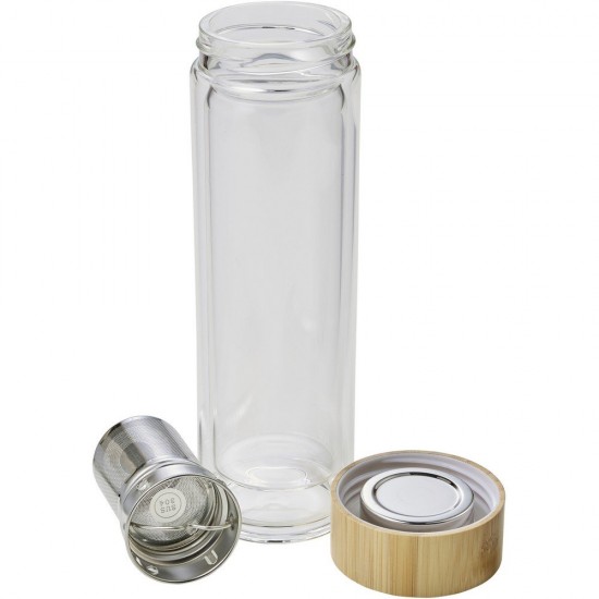 Пляшка 420 мл з подвійним дном скляна з бамбуковою кришкою світло-коричневий - V0774-18