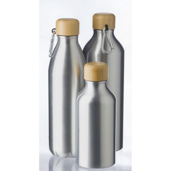 Пляшка для води спортивна 400 мл металева, бамбукова кришка з карабіном сріблястий - V6991-32