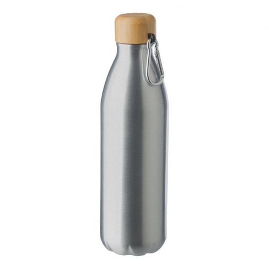 Пляшка для води спортивна 750 мл металева, бамбукова кришка з карабіном сріблястий - V6993-32