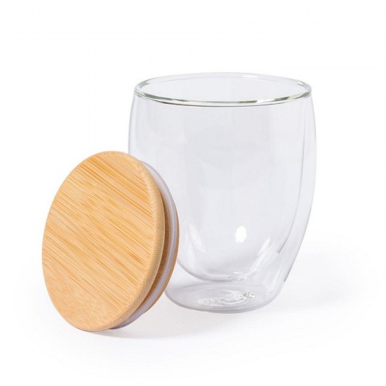 Стакан скляний 250 мл з бамбуковою кришкою, подвійні стінки прозорий - V9385-00